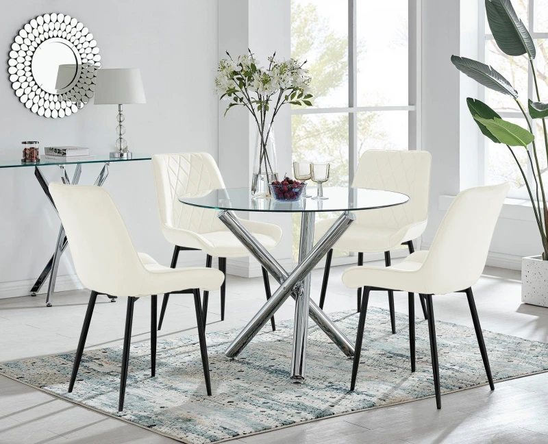Image of FurnitureboxUK FurnitureboxUK Selina Round Glass Chrome Leg Dining Table and Pesaro Black Leg Chairs in Cream Size: 4 Person Cream 4 Person Unisex 5