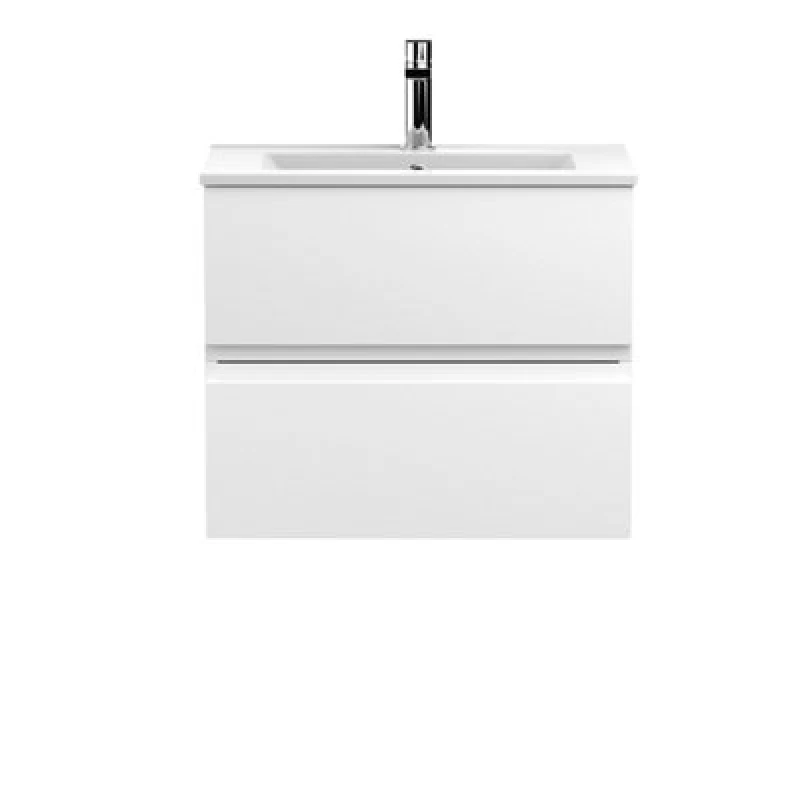 Image of Nuie Hudson Reed Urban Wall Hung 2 Drawer Vanity Unit With Minimalist Ceramic Basin, Modern Bathroom Furniture In Satin White, 600mm