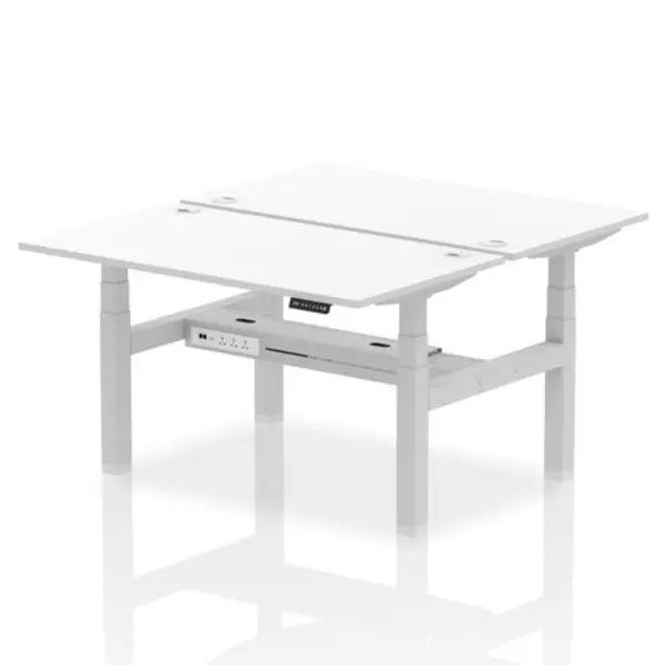 Image of Air Air Back-to-Back 1400 x 800mm Height Adjustable 2 Person Bench Desk White Top with Cable Ports Silver Frame HASCP2P14800WHTS
