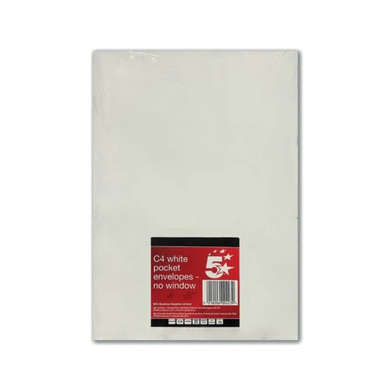 Image of 5 Star Office Envelopes Pocket Peel and Seal 90gsm C4 White (10 Pack) FS600423