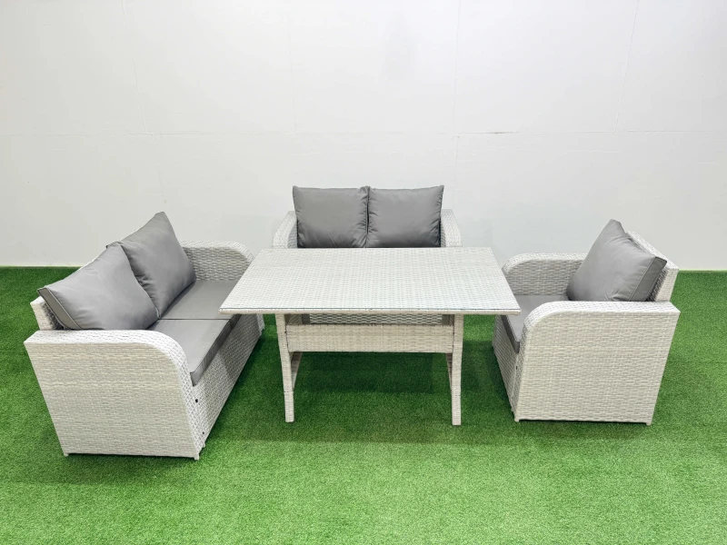 Image of Fimous High Back Poly Rattan Garden Furniture Set with Reclining Chair Loveseat Sofa Rectangular Dining Table Indoor Outdoor Patio Set Light Grey Lig