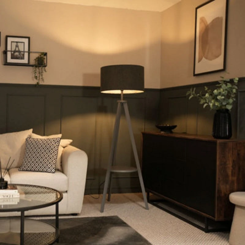 Image of ValueLights Morrigan Grey Wood Tripod Floor Lamp Light with Charcoal Boucle Shade Grey