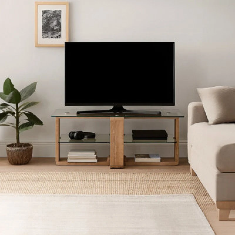 Image of Premier Housewares Contemporary Media Unit, Modern Design Wooden TV Unit For Livingroom, Ample Storge TV Cabinet For Bedroom Natural