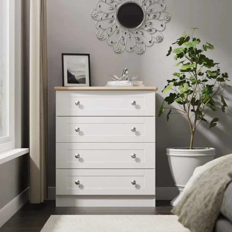 Image of Santander Ready Assembled Matt White & Oak 4 Drawer Wide Chest (H)882mm (W)765mm (D)415mm