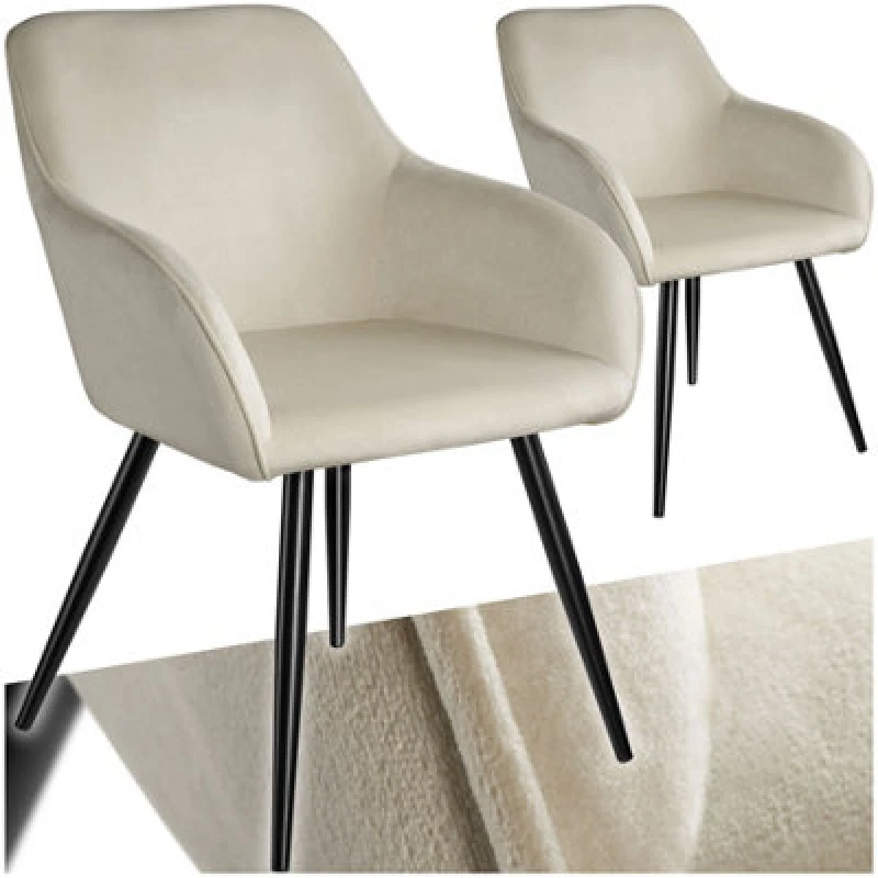 Image of Tectake Set Of 2 Dining Chair Marilyn - With Armrests, Padded, Velvet Look, Black Steel Legs - Cream/black