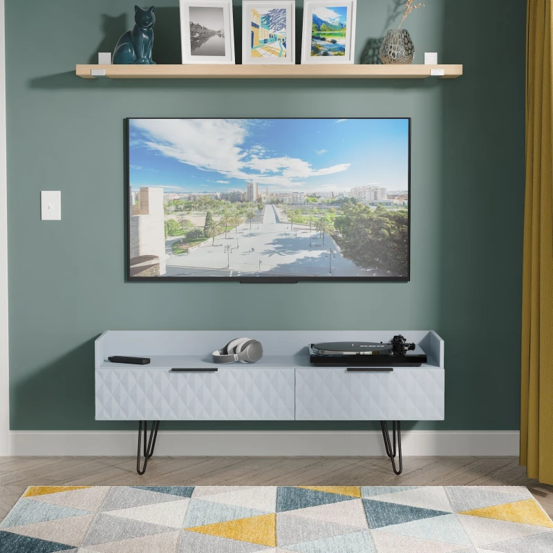 Image of Anzio Matt Denim Blue Media Unit With 2 Drawers, (H)50.1Cm X (W)128.2Cm X (D)39.4Cm