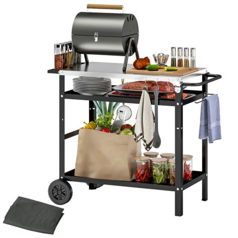 Image of Outsunny BBQ Trolley with Stainless Steel Top, Movable Pizza Table, Black Black