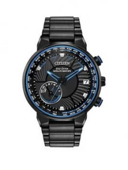 Image of Citizen Eco-Drive Satellite Wave GPS Black and Blue Detail Chronograph Dial Black Stainless Steel Bracelet Mens Watch, One Colour, Men