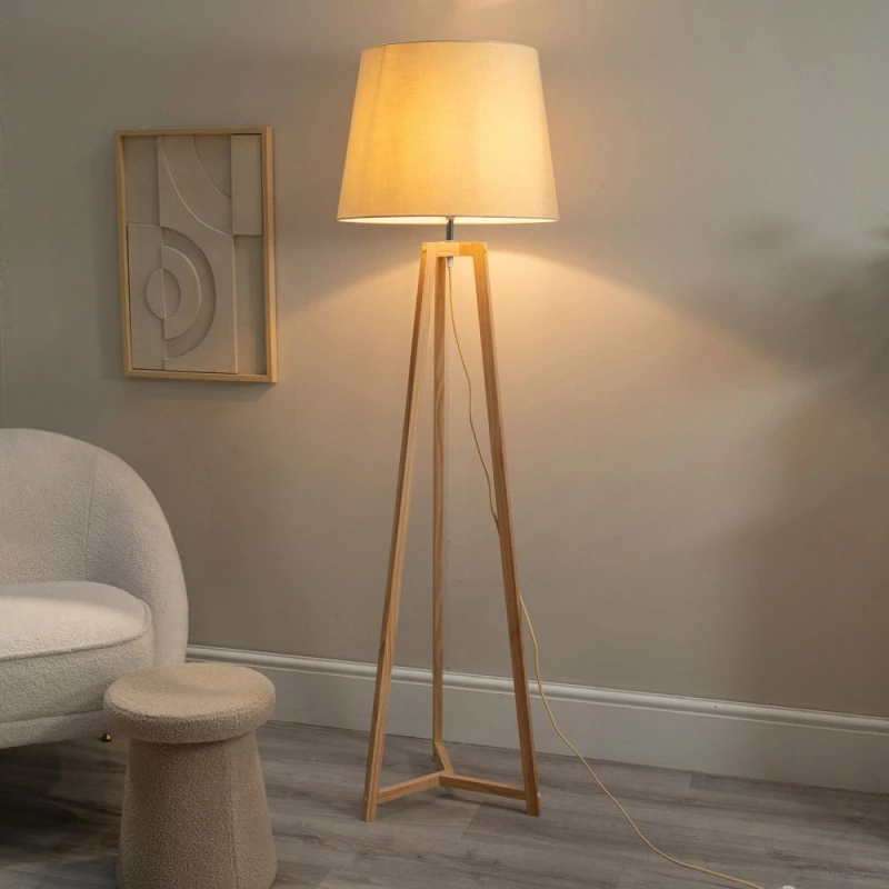 Image of ValueLights Lottie Natural Wood Tripod Floor Lamp with Fabric Tapered Shade Cream