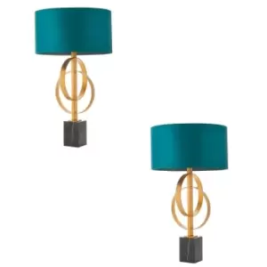 Image of 2 PACK Antique Gold Table Lamp & Teal Satin Shade - Black Marble Base Desk Light