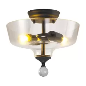 Image of Luminosa Talisa 2 Light Semi Flush Ceiling Lamp E27 With Flat Round 30cm Glass Shade Graphite, Clear