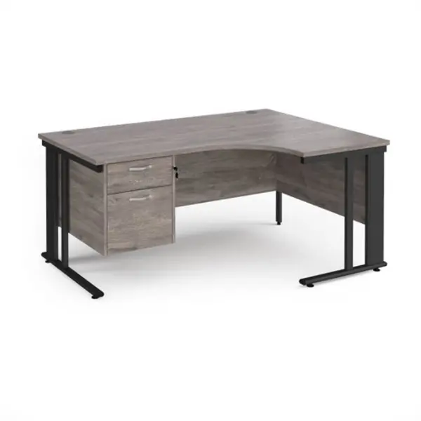 Image of Maestro 25 right hand ergonomic desk 1600mm wide with 2 drawer pedestal - Black cable managed leg frame, grey oak top