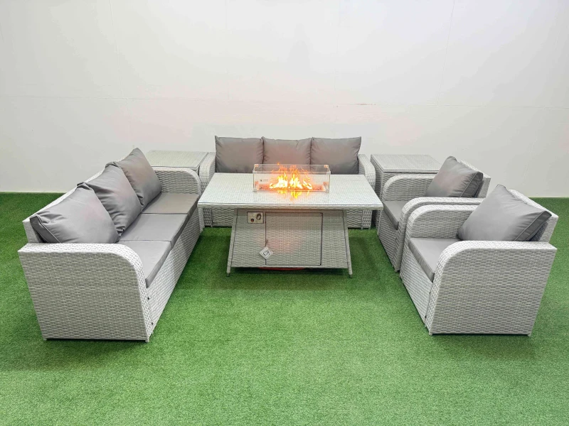 Image of Fimous PE Rattan High Back Lounge Sofa Set Patio Firepit Dining Table & Chairs Set with 3 Seater Sofa Reclining Chair 2 Side Table Light Grey Light Gr