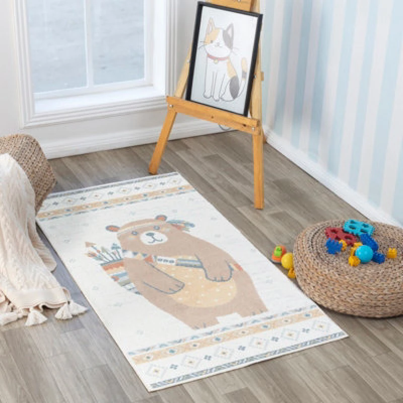 Image of Livabliss Kids Machine Washable Beige/brown Bedroom Oursigene Area Rug 80 X 150 Cm - Easy Care, Soft & Safe Rug For Kids Spaces