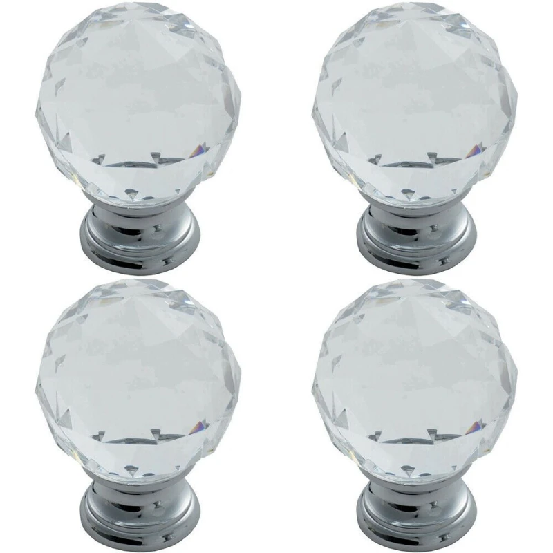 Image of Loops 4x Faceted Crystal Cupboard Door Knob 40mm Dia Polished Chrome Cabinet Handle Multi unisex