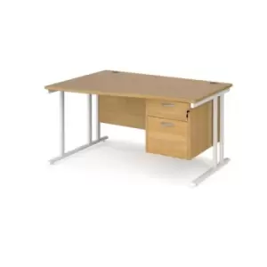 Image of Office Desk Left Hand Wave Desk 1400mm With Pedestal Oak Top With White Frame Maestro 25 MC14WLP2WHO