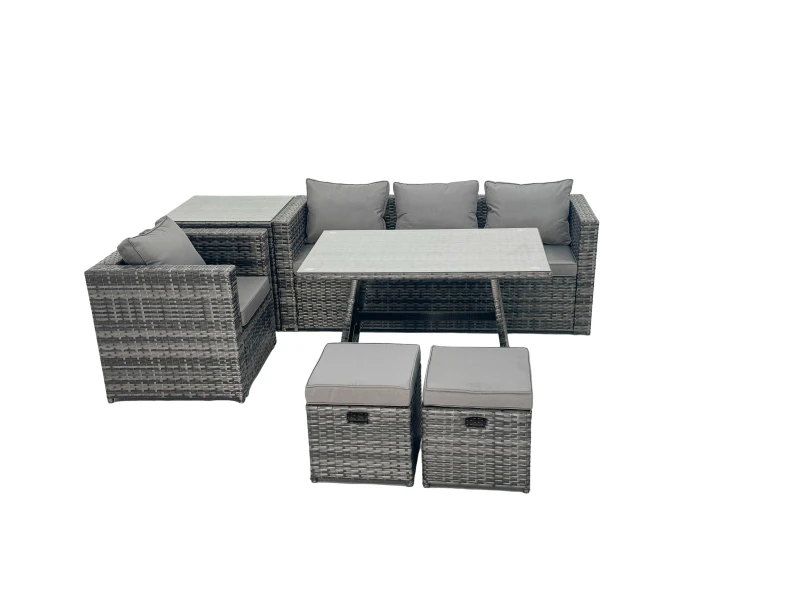 Image of Fimous Rattan Dining Table Sofa Set with Side Table Small Footstool Outdoor in Dark Grey Dark Grey Unisex