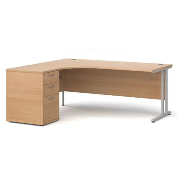 Image of Office Desk Left Hand Corner Desk 1800mm With Pedestal Beech Top With Silver Frame Maestro 25