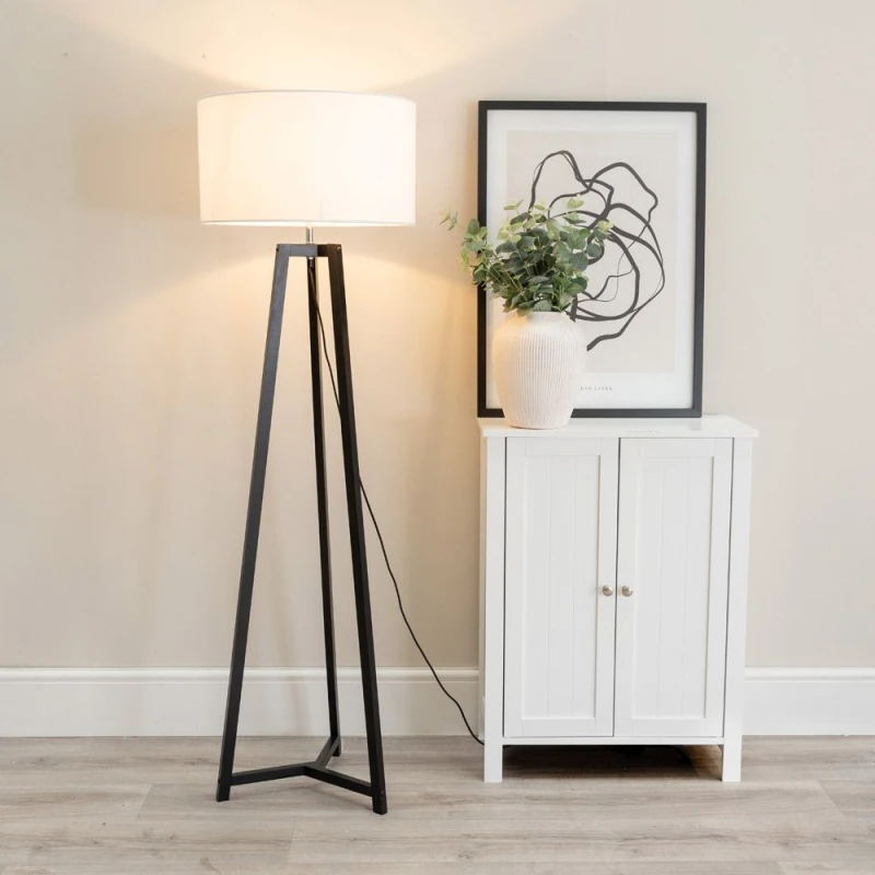 Image of ValueLights Lottie Black Wood Tripod Floor Lamp with Fabric Drum Shade White