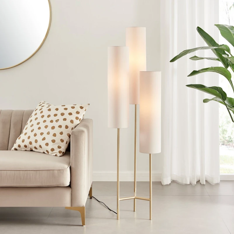 Image of FurnitureboxUK FurnitureboxUK Suri Brass Plated Boho Triple Floor Lamp 3 With White Shades in Gold Gold One Size Unisex 5056542694400