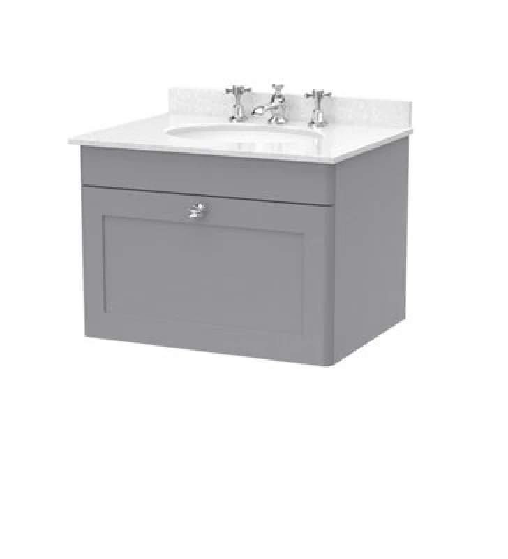 Image of Nuie Classique Wall Hung 1 Drawer Vanity Unit & 3 Tap Hole White Marble Top With Oval Basin, Contemporary Sink Vanity Unit In