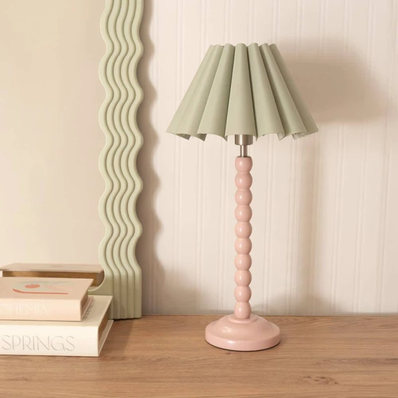 Image of ValueLights ValueLights Bobbins Rose Pink Table Lamp with Scallop Taper Shade and Bulb in Pale Green Pale Green One Size Unisex 5059406057885