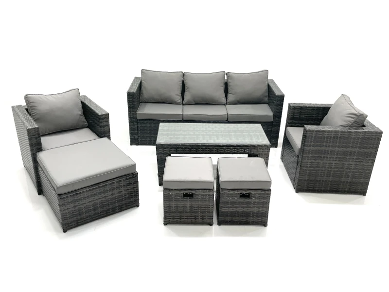 Image of Fimous 8 Seater Rattan Garden Furniture Set Outdoor Lounger Sofa with Coffee Table 2 Armchair 3 Footstools Dark Grey Mixed Dark Grey