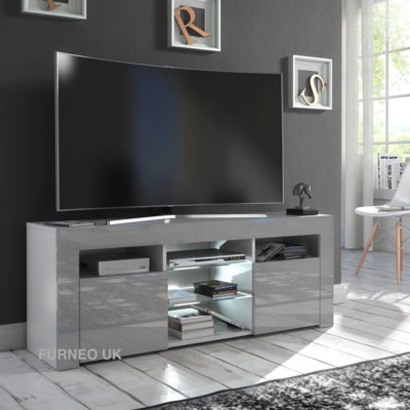 Image of Furneo Grey TV Stand 120Cm Unit Cabinet Matt & High Gloss Puzzo G White LED Lights