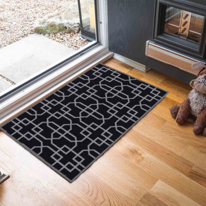 Image of Machine Washable Cubed Trellis Design Anti Slip Doormats Black 57X90 Cm