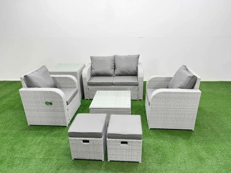 Image of Fimous Light Grey PE Wicker Rattan Garden Furniture Set Sofa Set Reclining Adjustable Chair Square Coffee Table 6 Seater 2 Small Stools Side Table Lig