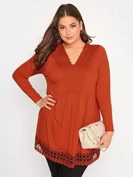 Image of Yours Long Sleeve Crochet Trim Tunic. Burnt Orange, Size 20, Women