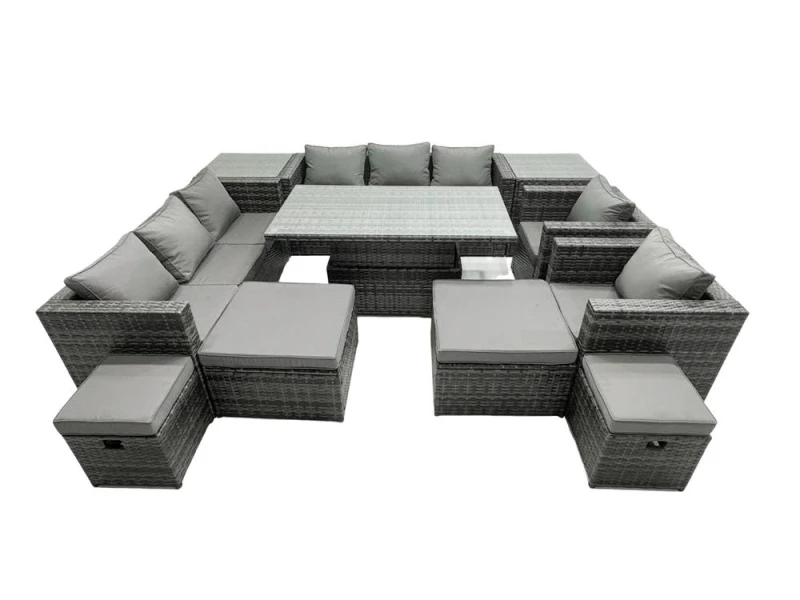 Image of Fimous Rattan Dining Table Sofa Set with 2 Side Tables 4 Stools 12 Seat in Dark Grey Dark Grey Unisex