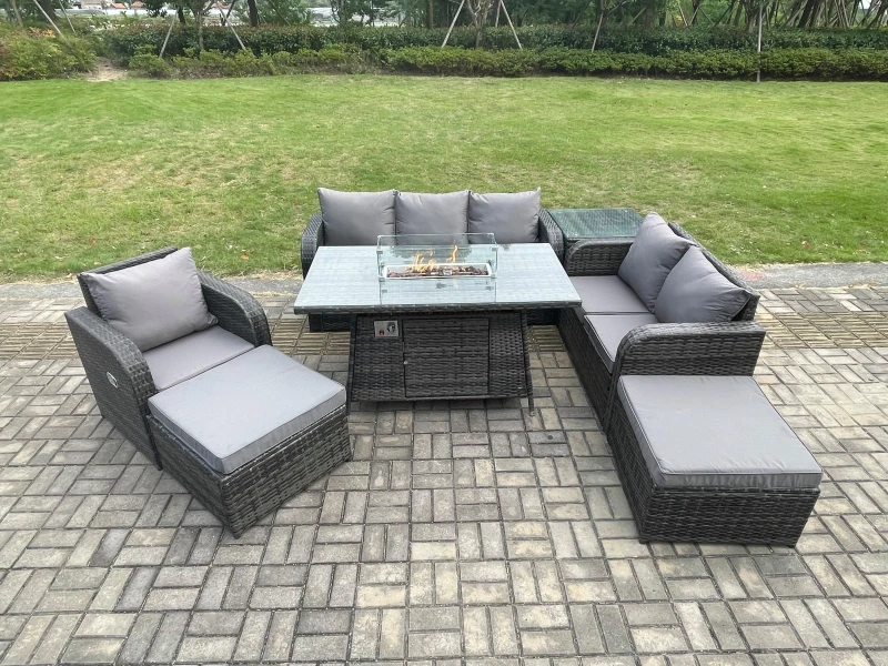 Image of Fimous Garden Patio Furniture Wicker Rattan Gas Fire Pit Table and Sofa Chair set with Side Tables 2 Big Footstool Dark Grey