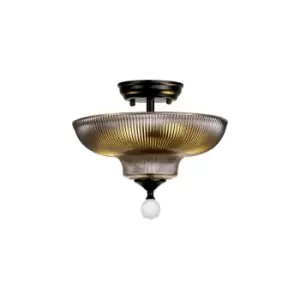 Image of Dresden 2 Light Semi Flush Ceiling Lamp E27 With Round 30cm Glass Shade Matt Black, Smoked