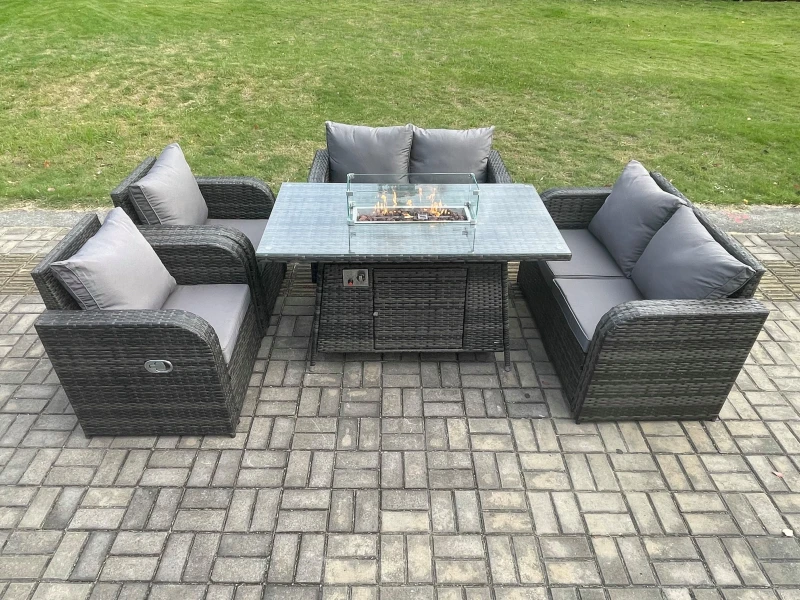 Image of Fimous Rattan Outdoor Garden Furniture Sofa Set Gas Fire Pit Dining Table Gas Heater with Love Sofa Recling Chair 6 Seater Dark Grey