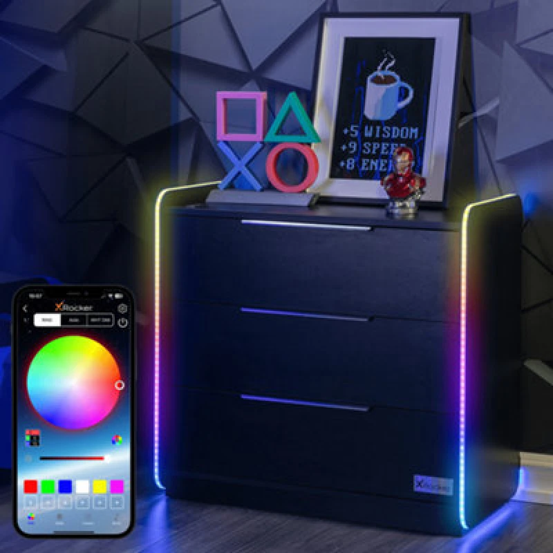 Image of X Rocker Electra RGB Chest of 3 Drawers with App Controlled LED Lights Black