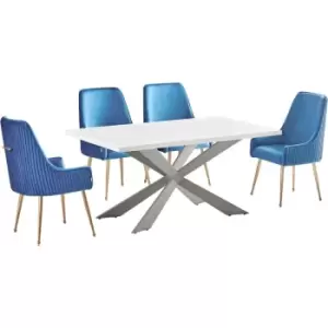 Image of Life Interiors - 5 Pieces Soho Duke Dining Set - a White Rectangular Dining Table and Set of 4 Blue Dining Chairs - Blue