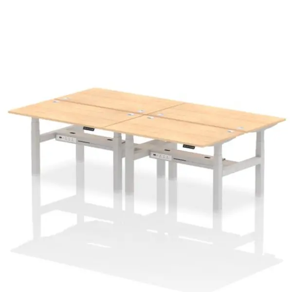 Image of Air Air Back-to-Back 1400 x 800mm Height Adjustable 4 Person Bench Desk Maple Top with Cable Ports Silver Frame HASCP4P14800MPES