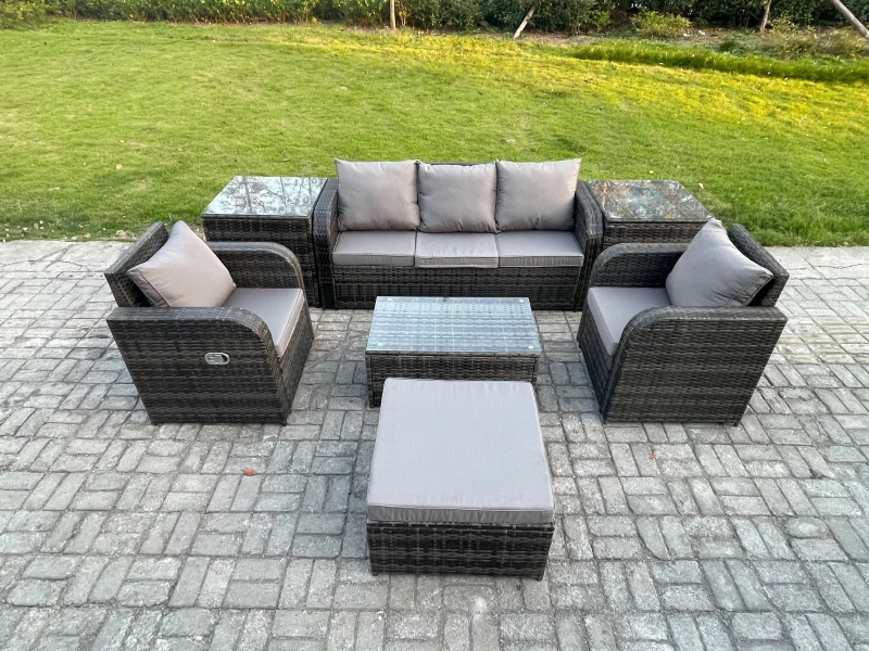 Image of Fimous Outdoor Rattan Garden Furniture Set Patio Lounge Sofa Set with Reclining Chair Rectangular Coffee Table 2 Side Tables Dark Grey unisex