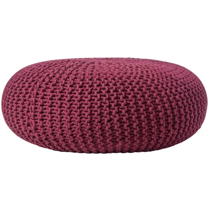 Image of Homescapes Large Round Cotton Knitted Pouffe Footstool Plum