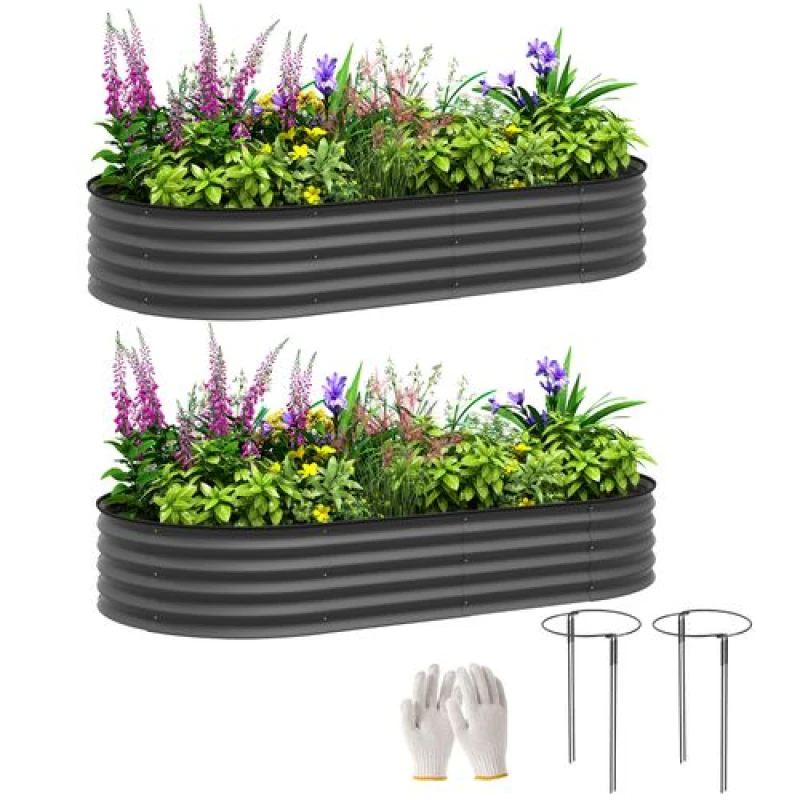 Image of Outsunny Set of 2 Raised Beds for Garden with Metal Plant Stakes, Dark Grey Dark Grey