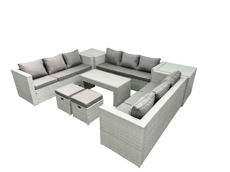 Image of Fimous Rattan Garden Outdoor Furniture Set 11 Seater Garden Sofa Oblong Coffee Table Set with 2 Small Footstool 2 Side Tables Light Grey Mixed Light G