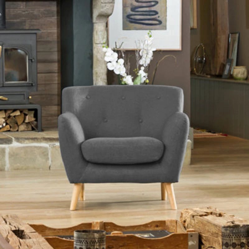 Image of Lynwood 86Cm Wide Dark Grey Textured Fabric Scandi Arm Chair With Both Light And Dark Wooden Legs