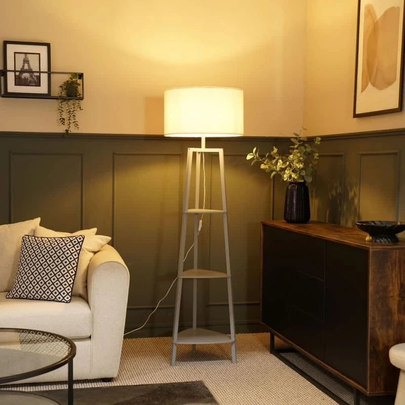 Image of ValueLights ValueLights Hiru Grey 3 Tier Wooden Shelf Floor Lamp with Boucle Drum Shade in Cream Cream One Size Unisex 5059406036323