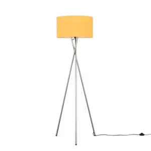 Image of Camden Brushed Chrome Tripod Floor Lamp with XL Mustard Reni Shade