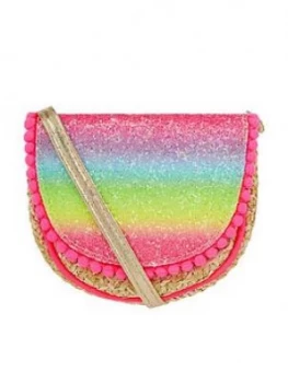 Image of Accessorize Girls Rainbow Glitter Faux Straw Cross Body Bag - Multi