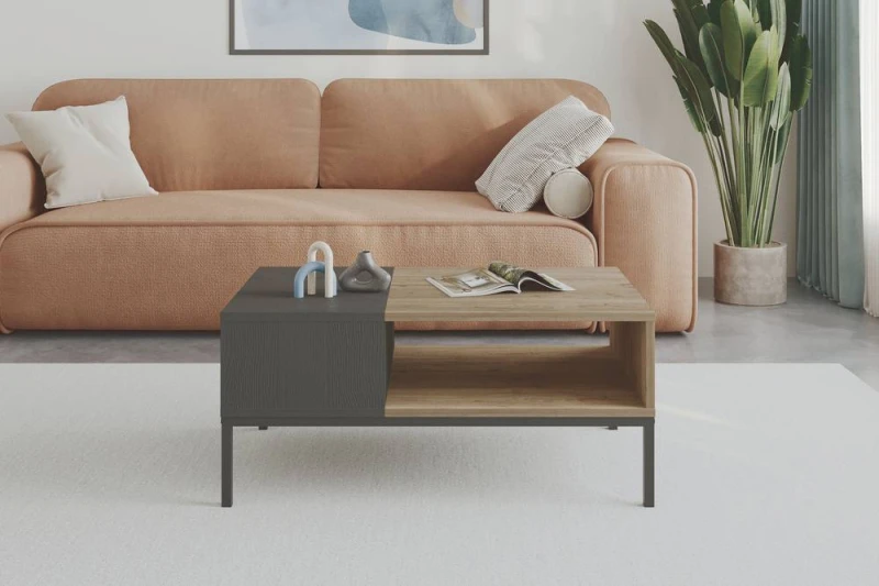 Image of Decortie Modern Rectangular Coffee Table With Dual-side Storage Natural Oak Black Wood, Multi 8.68363E+12