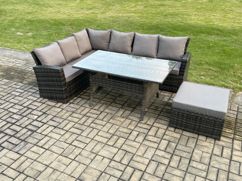Image of Fimous 7 Seater Garden Rattan Furniture Corner Dining Set with Big Footstool Indoor Outdoor Lounge Sofa Set Dark Grey Mixed Dark Grey Unisex