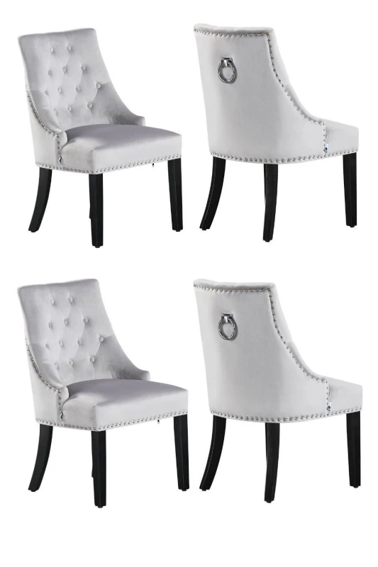 Image of Life Interiors Life Interiors Set of 4 Velvet Dining Chairs Scoop Knockerback & Button Tufted, Solid Wood Legs in Light Grey Light Grey One Size Unise