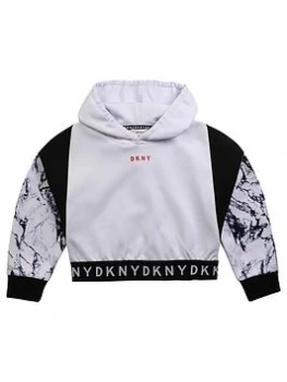 Image of DKNY Girls Marble Print Logo Hoodie - White, Size Age: 8 Years, Women